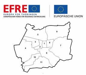 Logo Europäischer Fonds für regionale Entwicklung (EFRE) und Europäische Union und Karte des Stadtgebietes Gotha, öffnet größere Ansicht