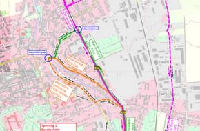 Stadtplan mit Umleitungsbeschriftung, öffnet größere Ansicht