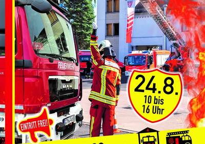 Plakat mit Feuerwehrauto zum Tag der offenen Tür bei der Feuerwehr, öffnet größere Ansicht