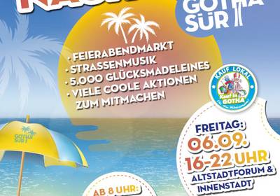 Plakat zur Shoppingnacht mit einem Liegestuhl am Strand, öffnet größere Ansicht