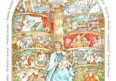 Natali Schmidts Bildchronik "1250 Jahre Gotha" © Natali Schmidt Gemälde mit vielen historishcen Figuren um einen Stammbaum, öffnet größere Ansicht