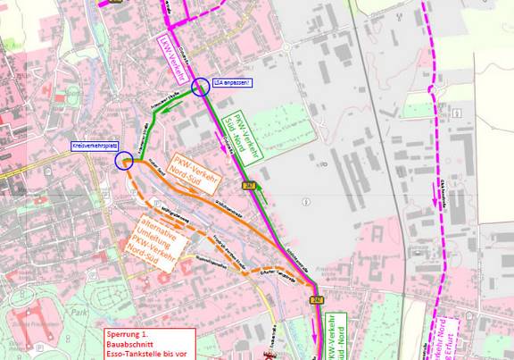 Stadtplan mit Umleitungsbeschriftung, öffnet größere Ansicht