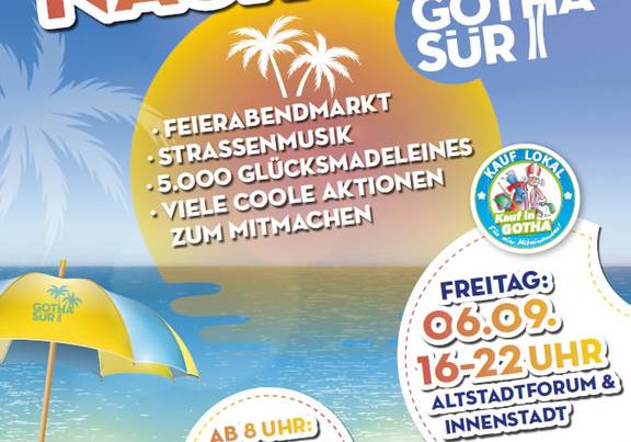 Plakat zur Shoppingnacht mit einem Liegestuhl am Strand, öffnet größere Ansicht