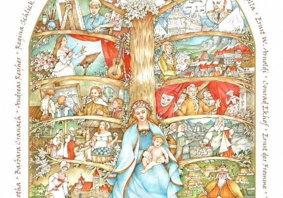 Natali Schmidts Bildchronik "1250 Jahre Gotha" © Natali Schmidt Gemälde mit vielen historishcen Figuren um einen Stammbaum, öffnet größere Ansicht